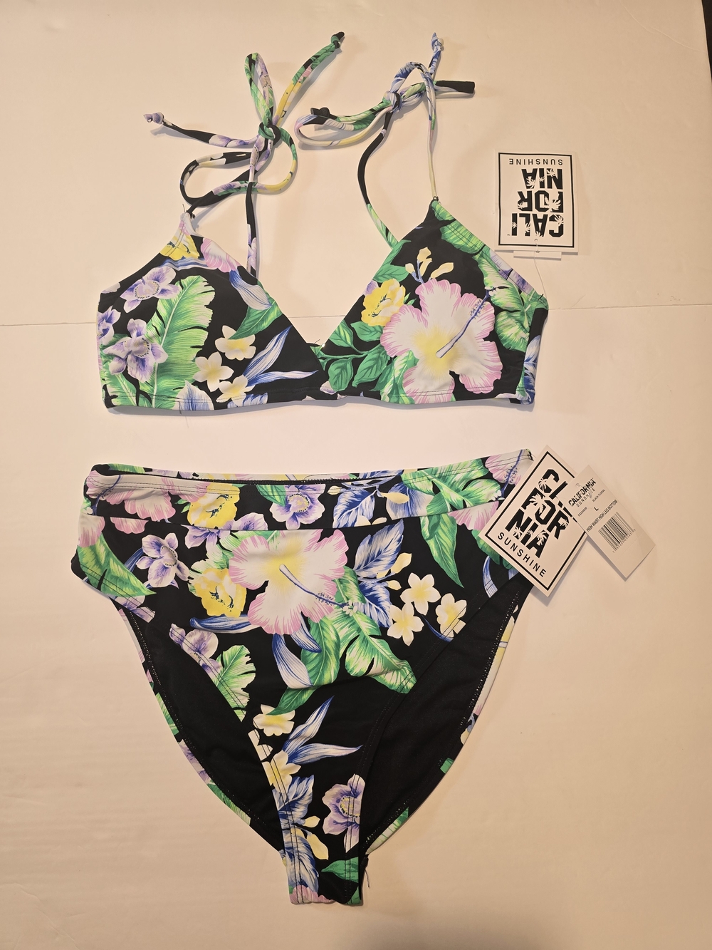 California Waves Black Floral Bikini Set - Green, Yellow, Pink, Purple Accents